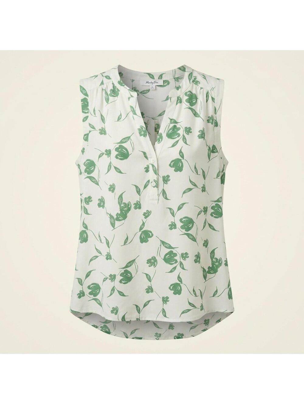 Monday Fun Women's Sleeveless M Medium Green White Floral V-Neck Blouse Casual
